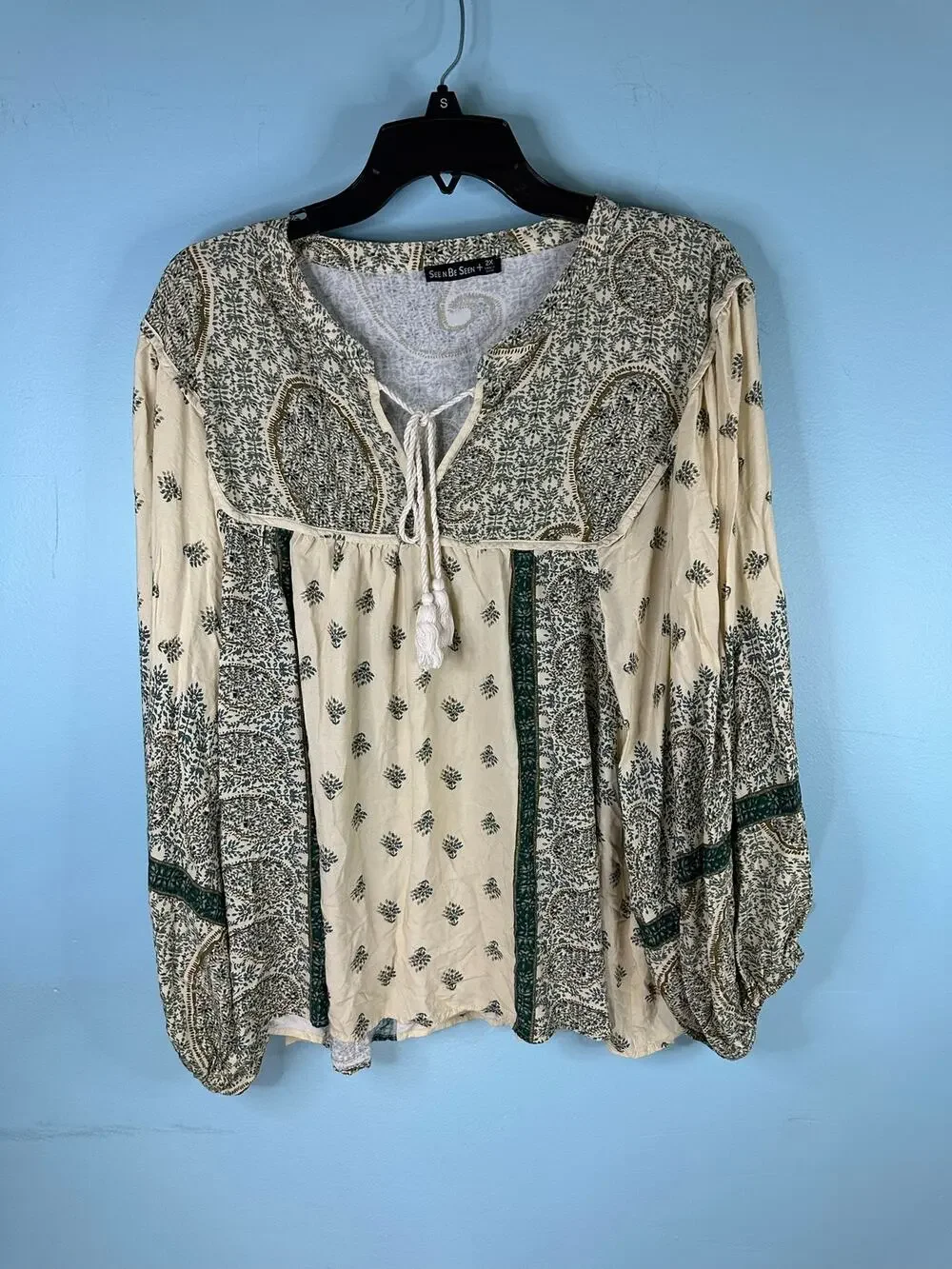 See And Be Seen green and cream paisley print top Boho peasant hippie SIze 2XL